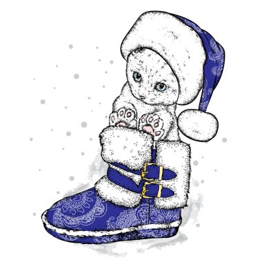 Yeni yıl bot ve bir şapka de sevimli kedi. Vektör çizim için bir kartpostal veya bir poster. Noel Baba. Güzel kedi. Yeni yıl ve Noel.