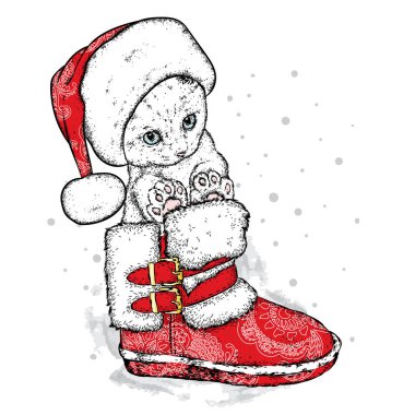 Yeni yıl bot ve bir şapka de sevimli kedi. Vektör çizim için bir kartpostal veya bir poster. Noel Baba. Güzel kedi. Yeni yıl ve Noel.