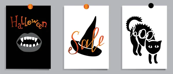 A set of designs for autumn and Halloween postcards. Concept flyers and banners with autumn leaves and pumpkins. Abstract backgrounds. Designs for printing and the Internet.Hello Fall, Sale, Halloween — Stock Vector