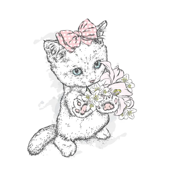 Χαριτωμένο γατάκι με ένα τόξο και ένα μπουκέτο λουλούδια. Εικονογράφηση διάνυσμα για μια κάρτα ή μια αφίσα. Όμορφη γάτα. Μόδα στυλ &. — Διανυσματικό Αρχείο