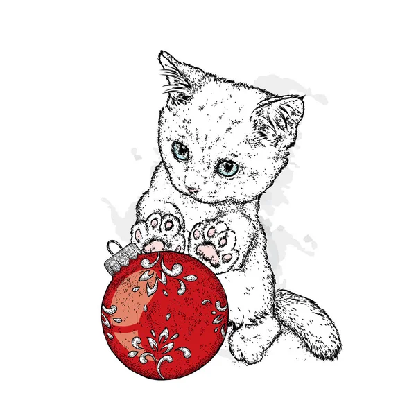 Roztomilá kočička si hraje s vánoční kouli. Vektorové ilustrace pro pohlednici nebo plakát. Santa Claus. Krásná kočka. Nový rok a Vánoce. — Stockový vektor