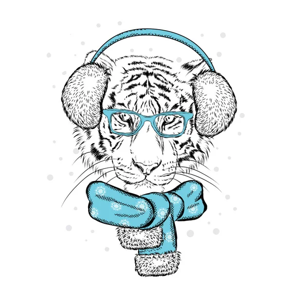Un tigre hermoso en auriculares de invierno y una bufanda. Ilustración vectorial para una postal o un póster. Santa Claus. Año Nuevo y Navidad . — Vector de stock