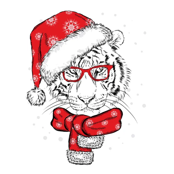 Un hermoso tigre con gorra de Año Nuevo y bufanda. Ilustración vectorial para una postal o un póster. Santa Claus. Año Nuevo y Navidad . — Vector de stock