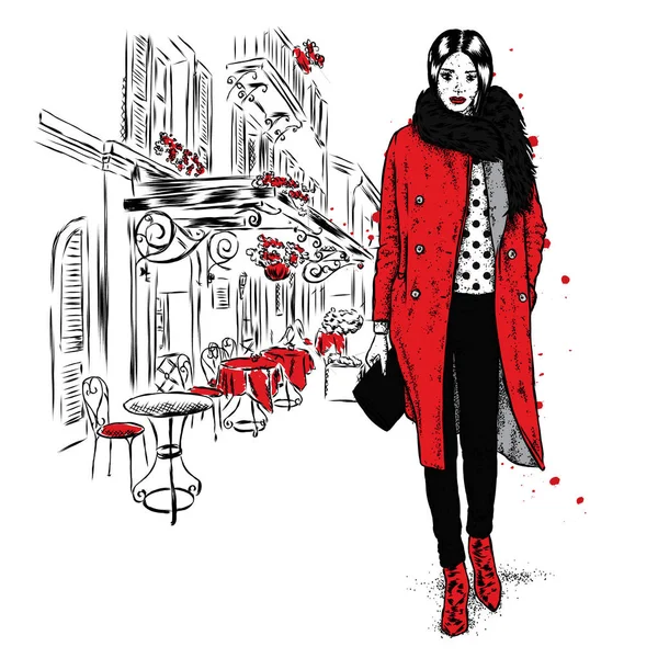 Bella ragazza in abiti alla moda per le strade con una borsa rossa. Illustrazione vettoriale . — Vettoriale Stock