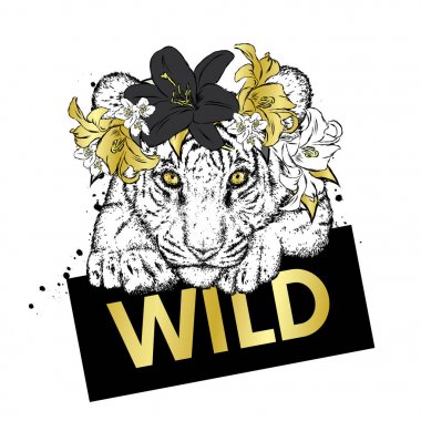 Çiçek çelenk güzel kaplan. Bir kartpostal veya poster, giysiler için bir baskı, bir çanta, sırt çantası veya bir kapak için bir rampa illüstrasyon.