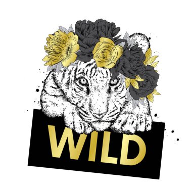 Çiçek çelenk güzel kaplan. Bir kartpostal veya poster, giysiler için bir baskı, bir çanta, sırt çantası veya bir kapak için bir rampa illüstrasyon.