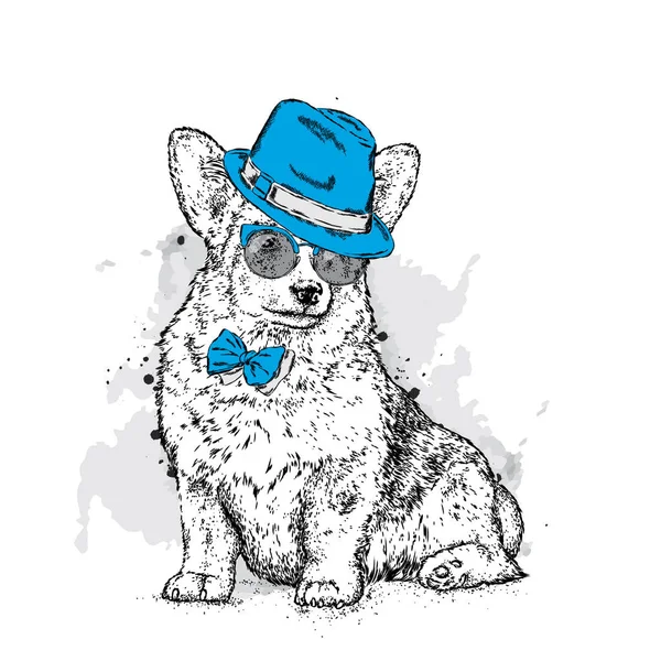 Um cachorrinho bonito com um chapéu e óculos. Ilustração vetorial para um cartão postal ou um cartaz, impressão para roupas. Cão Pedigree. Corgi galês . — Vetor de Stock