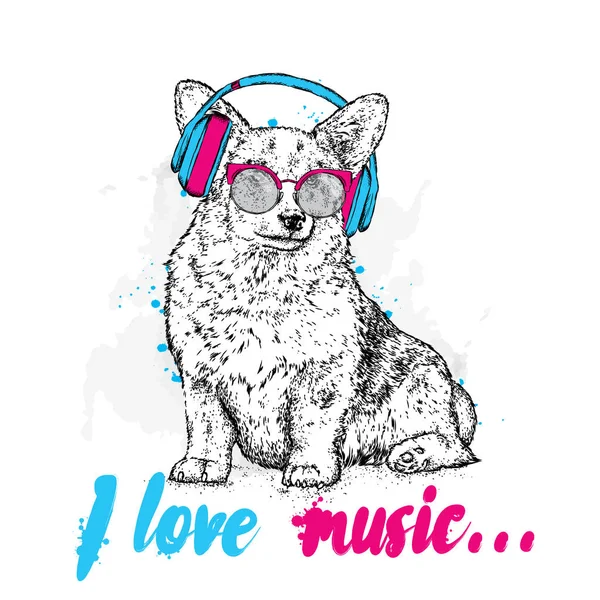 Gözlük ve kulaklık ile şirin köpek yavrusu. Vektör çizim bir kartpostal veya poster, giysiler için yazdırma için. Safkan köpek. Galce Corgi. Müzik.