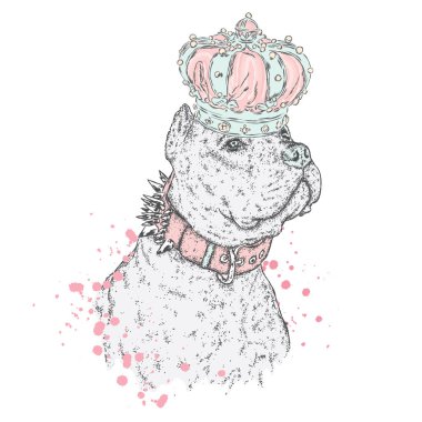 Safkan köpek. Pitbull. Zambak çelenk içinde güzel bir köpek yavrusu. Vektör çizim. Kaplan ve çiçekler.