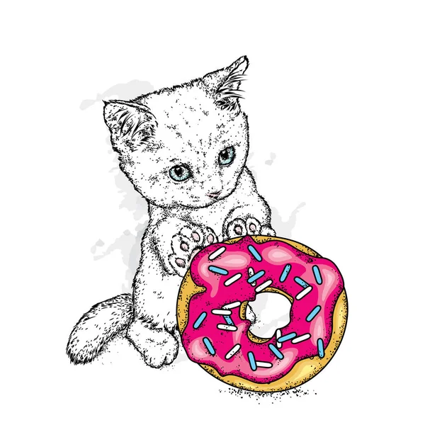 Küçük sevimli bir yavru kedi büyük çok renkli çörek tutar. Vektör çizim. A evde beslenen hayvan. Kedi.