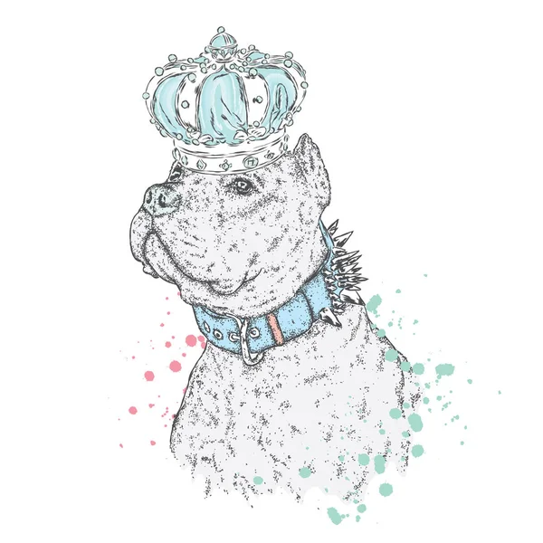 Safkan köpek. Pitbull. Zambak çelenk içinde güzel bir köpek yavrusu. Vektör çizim. Kaplan ve çiçekler.