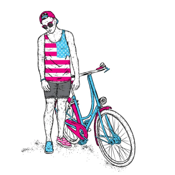 Ein gutaussehender junger Kerl in T-Shirt und Shorts. der Kerl und das Fahrrad. Vektorillustration. — Stockvektor