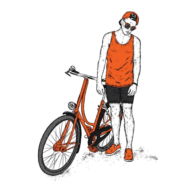 En stilig ung kille i en T-shirt och shorts. Killen och cykeln. Vektorillustration. — Stock vektor