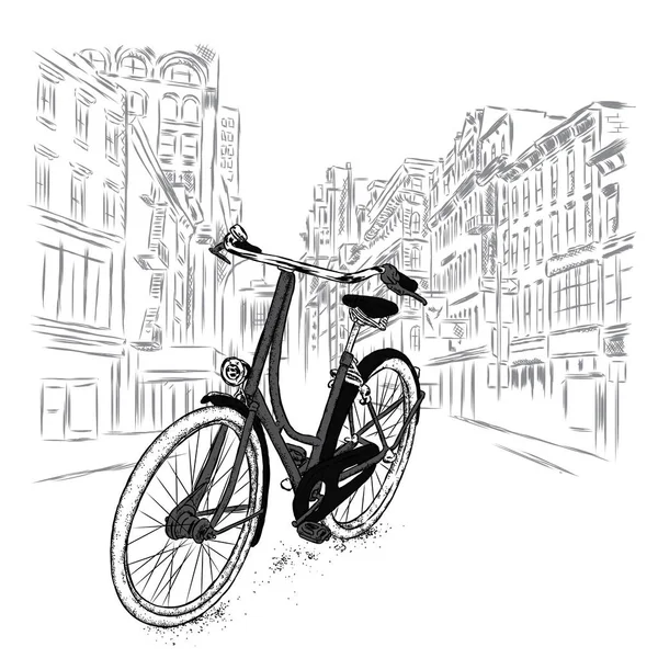 A beautiful bicycle on a city street. Vector illustration. Vintage bicycle. — Stock Vector