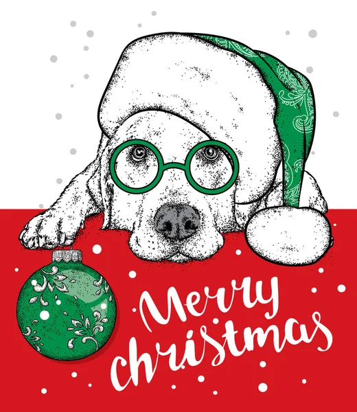 Cucciolo carino con un cappello di Capodanno. Illustrazione vettoriale. Cane dell'alveare. Labrador. Albero di Natale palla . — Vettoriale Stock