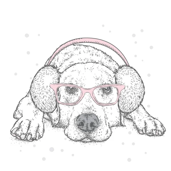 Niedlichen Welpen im Winter Kopfhörer und Brille. Vektorillustration. Rassehund. Labrador. — Stockvektor