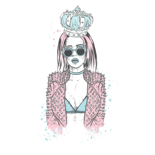 En vacker flicka i en snygg jacka, krona och glasögon med spikar. Vektorillustration. & Klädstil. Rock. — Stock vektor