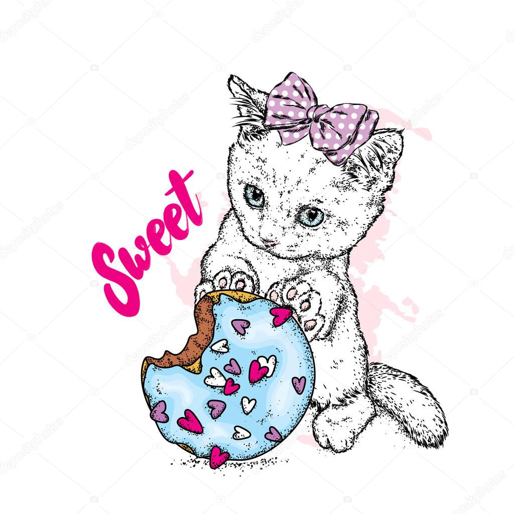 Vector illustration of Small Cute Kitten Holds 166700078