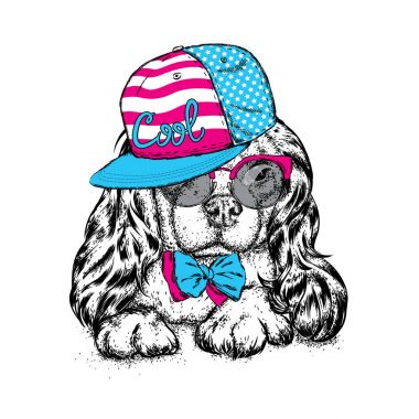 Bir çelenk bir kap ve kravat ile güzel bir köpek. Serin İspanyol. Safkan köpek yavrusu. Vektör çizim için bir kartpostal veya poster, giysi ve aksesuarları için yazdırma.