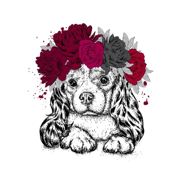 Красива собака в вінку з троянд і півоній. Квіти. Милий Спанієль. Чистий цуценя. Векторна ілюстрація для листівки або плаката, принт для одягу та аксесуарів . — стоковий вектор