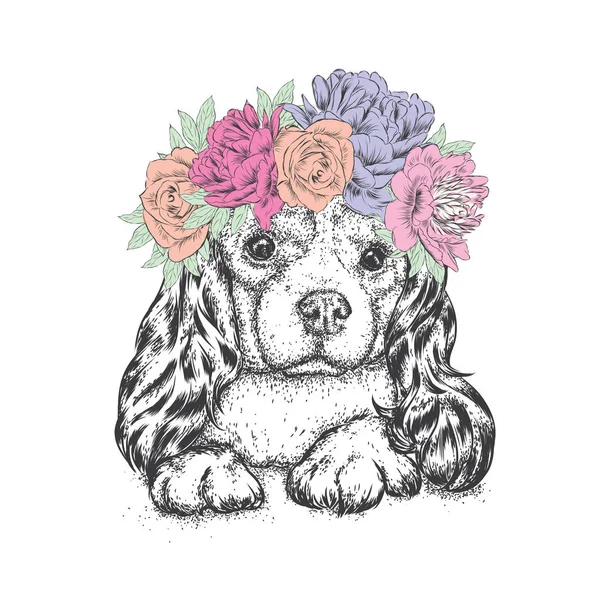 Ein schöner Hund in einem Kranz aus Rosen und Pfingstrosen. Blumen. Niedlicher Spaniel. reinrassige Welpen. Vektor-Illustration für eine Postkarte oder ein Poster, Druck für Kleidung und Accessoires. — Stockvektor