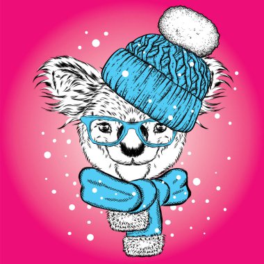 Eğlenceli koala şapka ve atkı. Vektör çizim kartpostal veya poster, elbiselere yazdırma için. Yılbaşı ve Yeniyıl, kış. Çok şirin yavru.