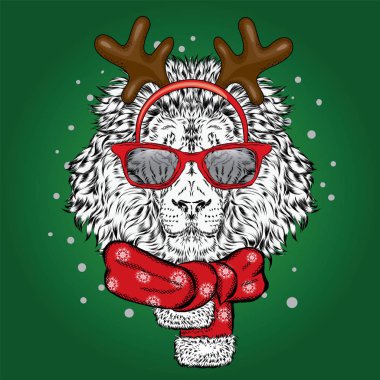 Aslan yeni yıl kostüm. Leo boynuzlu bir eşarp ve güneş gözlüğü. Bir kartı veya poster için vektör çizim. Noel ve yeni yıl.