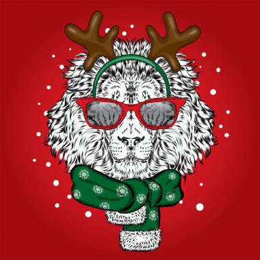 Aslan yeni yıl kostüm. Leo boynuzlu bir eşarp ve güneş gözlüğü. Bir kartı veya poster için vektör çizim. Noel ve yeni yıl.