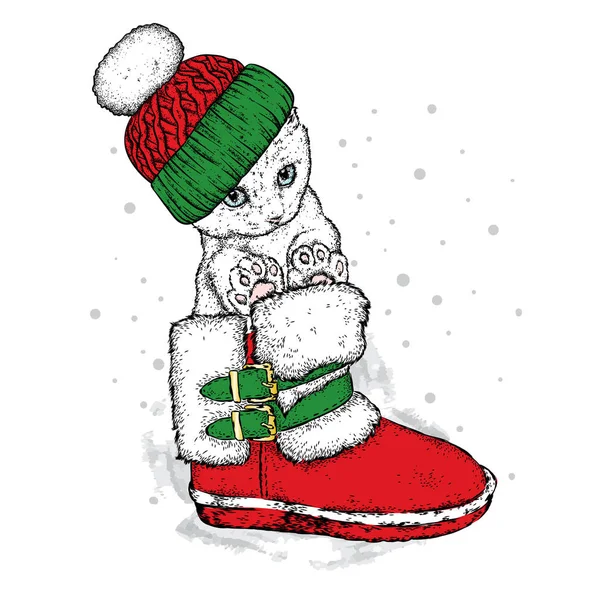 Gattino carino con gli stivali invernali. Illustrazione vettoriale per biglietto di auguri, poster o stampa su vestiti. Natale e Capodanno . — Vettoriale Stock
