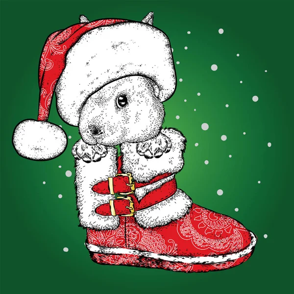 Komik Tavşan bir yılbaşı önyükleme ve Noel Baba'nın şapka. Bir vektör çizim bir kartpostal veya poster, giysiler için bir baskı için. Yılbaşı ve Yeniyıl, kış. Tatlı tavşan.