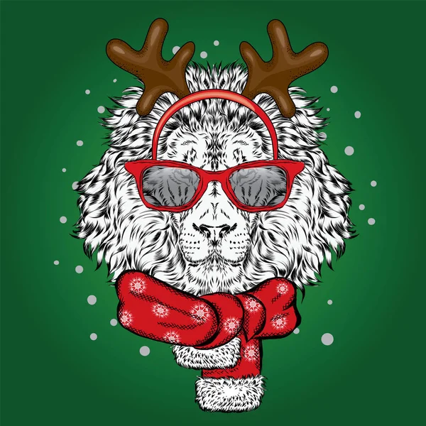 Aslan yeni yıl kostüm. Leo boynuzlu bir eşarp ve güneş gözlüğü. Bir kartı veya poster için vektör çizim. Noel ve yeni yıl. — Stok Vektör