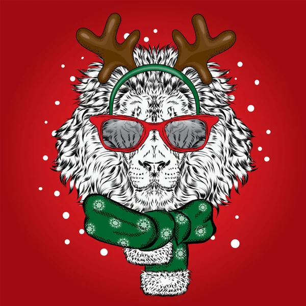 Aslan yeni yıl kostüm. Leo boynuzlu bir eşarp ve güneş gözlüğü. Bir kartı veya poster için vektör çizim. Noel ve yeni yıl.