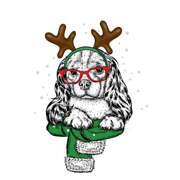 Sladký malý pes s brýlemi, šátek s rohy na hlavě. Nový rok kostým. Vektorové ilustrace pro pohlednici nebo plakát. Nový rok a Vánoce. Krásný kokršpaněl. Čistokrevné štěně. — Stockový vektor