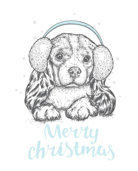 겨울 헤드폰과 안경에 귀여운 강아지입니다. 아름 다운 순종 개입니다. 발 바리입니다. 새 해와 크리스마스, 겨울. — 스톡 벡터