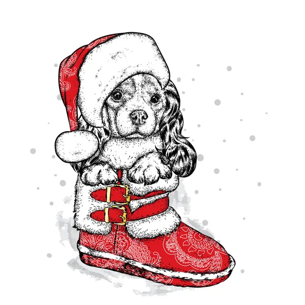 Un perrito dulce con gorra de Año Nuevo está sentado en un zapato. Cachorro de pura raza. Spaniel en ropa de invierno. Ilustración vectorial para una postal o un póster, impresión para ropa. Año Nuevo y Navidad . — Vector de stock