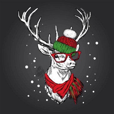 Bir kış şapka ve atkı güzel bir geyik. Vektör çizim bir kartpostal, poster, yazdırma için giysi ve aksesuarları için. Yeni yıl ve Noel.
