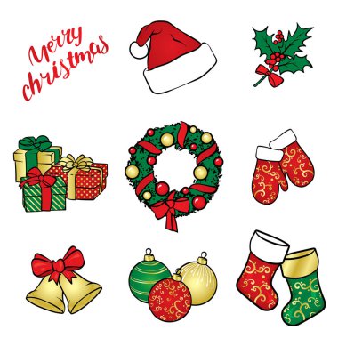 Bir küme nesnelerin Noel - çelenk, toplar, süs eşyaları, hediyeler, çorap, bot, Noel Baba şapkası, holly şube, eldiven ve bir yay ile çan. Vektör çizim. Çıkartmaları kümesi.
