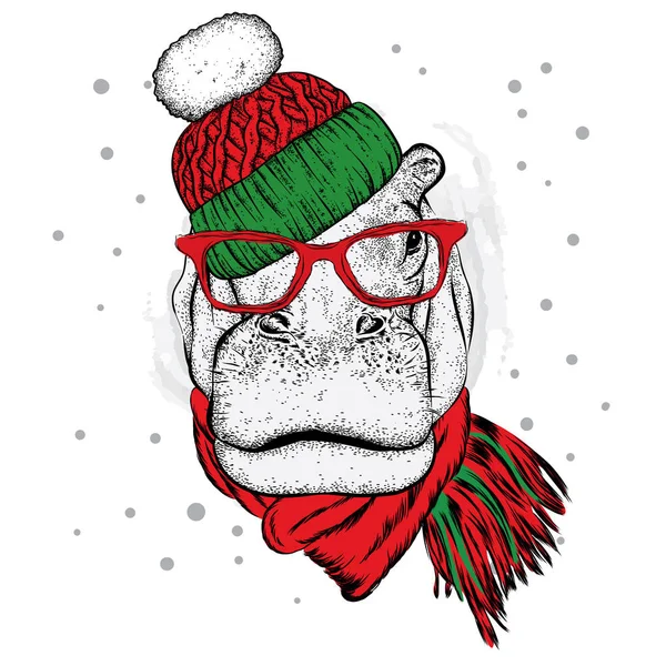 Bir kış şapka ve atkı komik su aygırı. Vektör çizim bir kartpostal, poster, yazdırma için giysi ve aksesuarları için. Yeni yıl ve Noel.