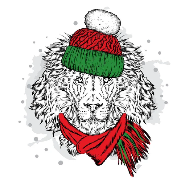 Un hermoso león en un sombrero de invierno y bufanda. Ilustración vectorial para una postal, póster, impresión para ropa o accesorios. Año Nuevo y Navidad . — Vector de stock