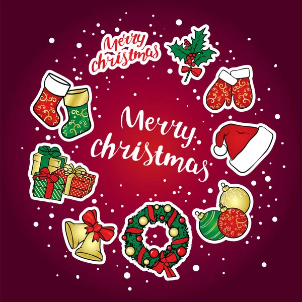 Un ensemble d'objets de Noël une couronne, des boules, des ornements, des cadeaux, des chaussettes, des bottes, un chapeau de Père Noël, une branche de houx, des gants et des cloches avec un arc. Illustration vectorielle. Un ensemble d'autocollants . — Image vectorielle
