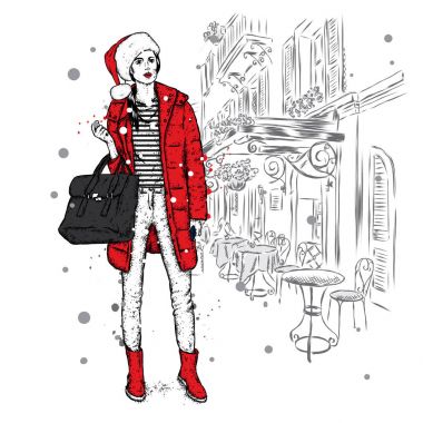 Güzel kız güzel bir vintage şehir arka plan üzerinde şık bir ceket. Sokak ve ev. Vektör çizim bir kartpostal, kapak, poster ya da giyim üzerine baskı için.