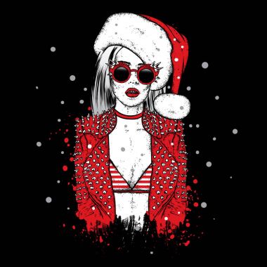 Gözlük ve Noel Baba şapkası giyen bir güzel kız dikenler, bir ceket. Vektör çizim. Yeni yıl ve Noel. Moda ve stil.