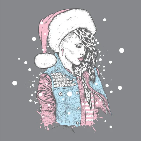 En vacker flicka i en jacka med törnen, bär glasögon och en jultomten hatt. Vektorillustration. Nyår och jul. & Klädstil. — Stock vektor