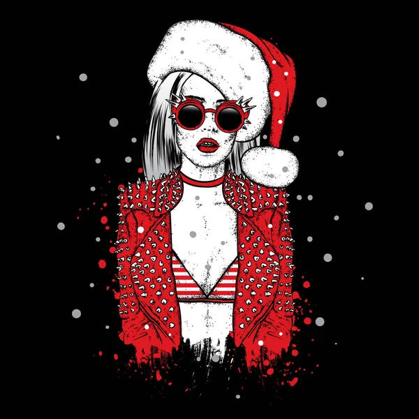 A beautiful girl in a jacket with thorns, wearing glasses and a Santa Claus hat. Vector illustration. New Year's and Christmas. Fashion & Style. — Stock Vector