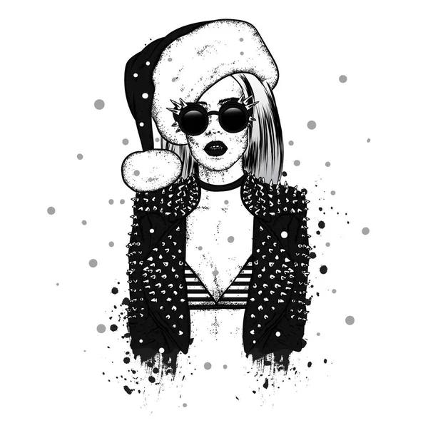 Una hermosa chica con una chaqueta con espinas, gafas y un sombrero de Santa Claus. Ilustración vectorial. Año Nuevo y Navidad. Moda & Estilo . — Vector de stock