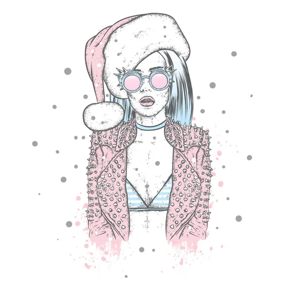 En vacker flicka i en jacka med törnen, bär glasögon och en jultomten hatt. Vektorillustration. Nyår och jul. & Klädstil. — Stock vektor
