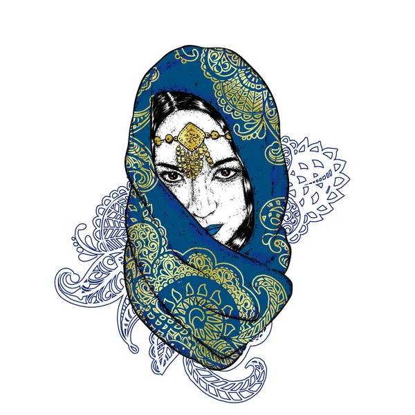 Beautiful oriental girl in a scarf with patterns. Vector illustration for a postcard or a poster. — Stock Vector