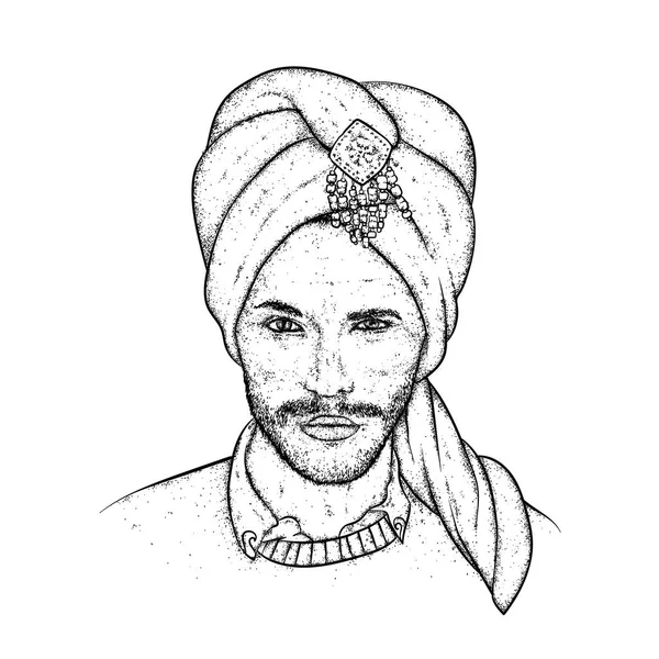 Bellissimo sultano in un turbante con motivi. Illustrazione vettoriale. Uomo orientale. Moda & stile . — Vettoriale Stock