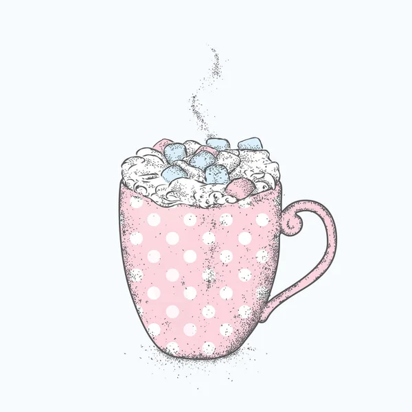 Mooie cup in pea. Warme chocolademelk en marshmallows. Vector illustratie voor een kaart of poster, kleding bedrukken. Tekening voor de cover van een notebook of een menu. Cacao. — Stockvector