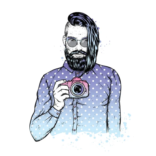 A stylish guy with a fashionable hair and beard. A man with glasses and a camera. Fashion & Style. Hipster. Barbershop. — Stock Vector